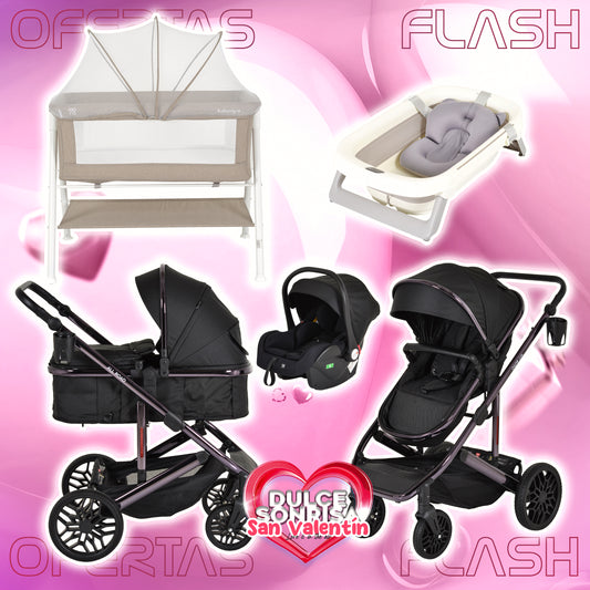 Lote San Valentin Nº4: Carrito 3 en 1 Convertible ALL ROAD NEGRO + Minicuna KALINIHTA (GRIS o BEIGE) + Bañera plegable con termómetro MOREA