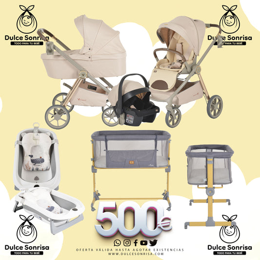 Lote Premium: Carrito 3 en 1 + Minicuna Aura + Bañera Balena