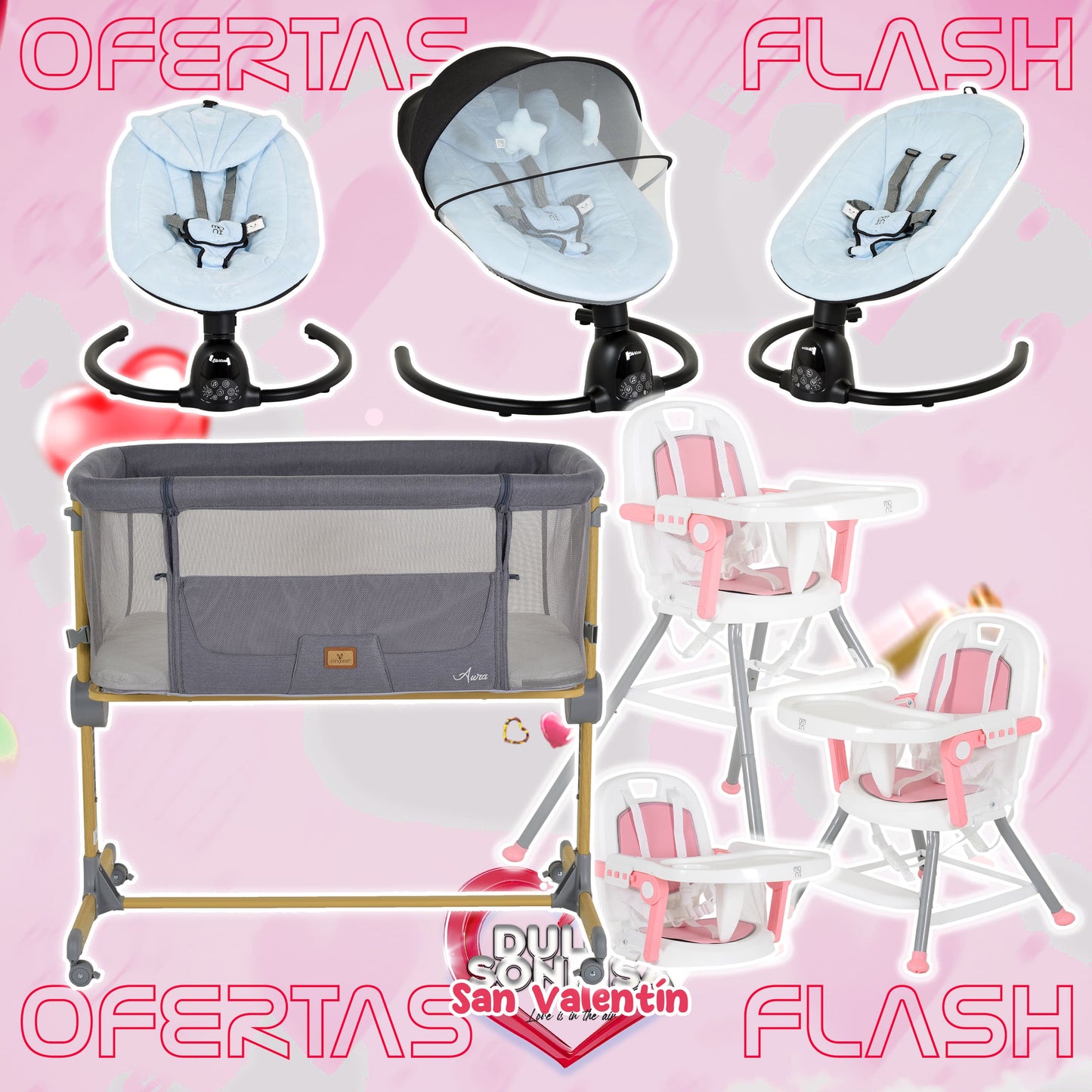 Lote San Valentin Nº5: Hamaca CLARISSA + Minicuna AURA + Trona AMARETTI