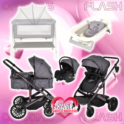 Lote San Valentin Nº3: Carrito 3 en 1 Convertible ALL ROAD GRIS + Minicuna KALINIHTA (GRIS O BEIGE) + Bañera plegable con termómetro MOREA