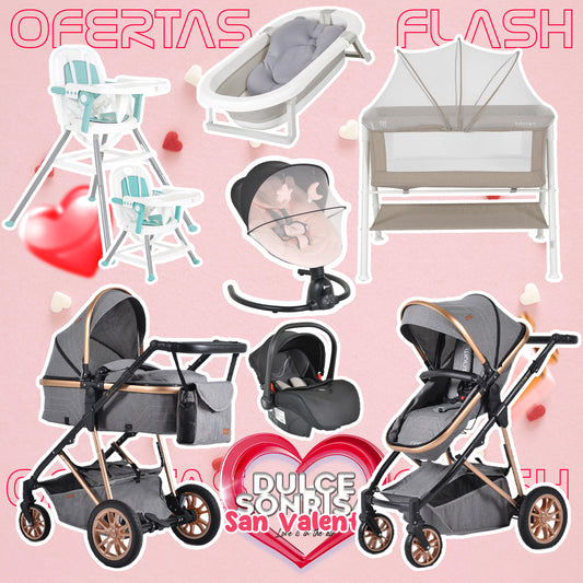 Lote San Valentin Nº2: Carrito 2 en 1 MIDAS GRIS + Grupo 0 (40cm- 87cm) + Minicuna KALINIHTA + Bañera Plegable PALMA + Trona 3 en 1 AMARETTI + Hamaca eléctrica CLARISSA