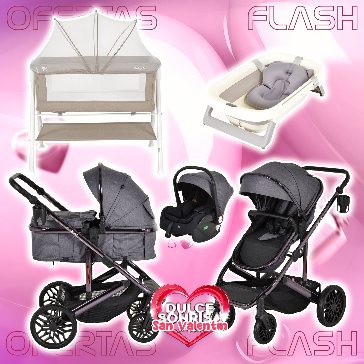 Lote San Valentin Nº3: Carrito 3 en 1 Convertible ALL ROAD GRIS + Minicuna KALINIHTA (GRIS O BEIGE) + Bañera plegable con termómetro MOREA
