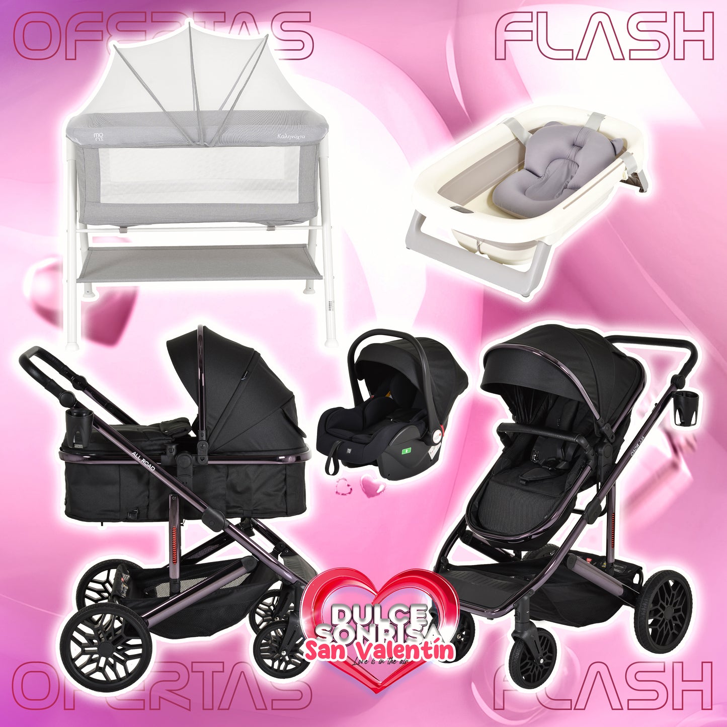 Lote San Valentin Nº4: Carrito 3 en 1 Convertible ALL ROAD NEGRO + Minicuna KALINIHTA (GRIS o BEIGE) + Bañera plegable con termómetro MOREA