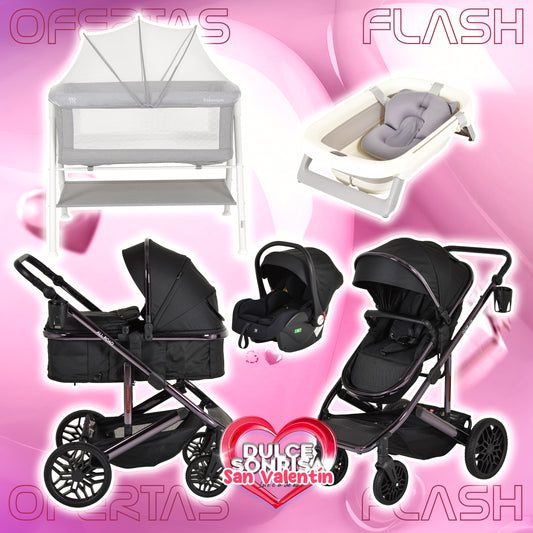 Lote San Valentin Nº4: Carrito 3 en 1 Convertible ALL ROAD NEGRO + Minicuna KALINIHTA (GRIS o BEIGE) + Bañera plegable con termómetro MOREA