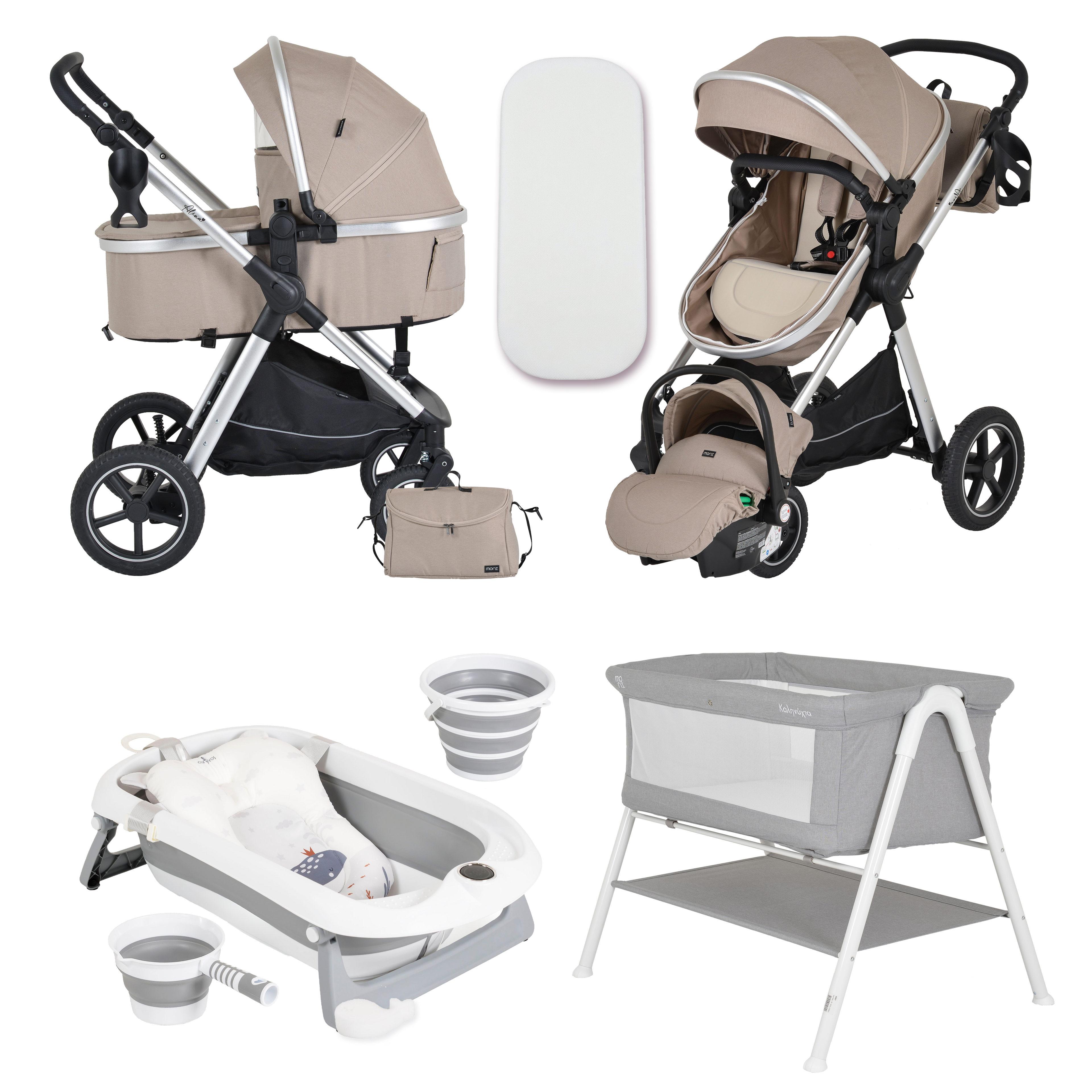 Pack ahorro: Carrito 3 en 1 Convertible ALINA+ Minicuna KALINIHTA + Bañera plegable con termómetro inteligente BALENA - Dulce Sonrisa
