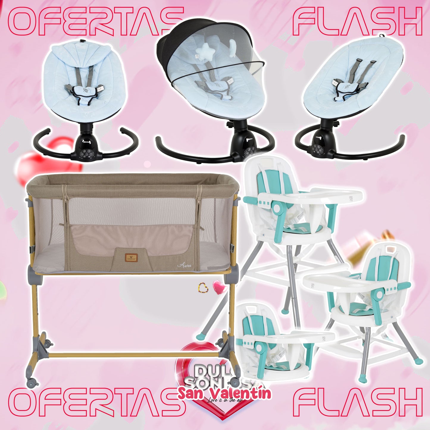 Lote San Valentin Nº5: Hamaca CLARISSA + Minicuna AURA + Trona AMARETTI