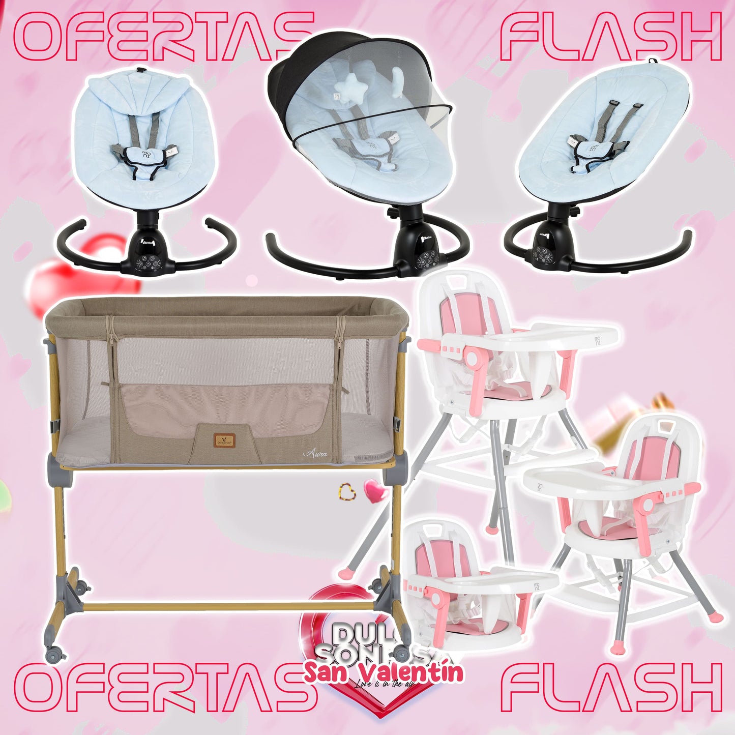 Lote San Valentin Nº5: Hamaca CLARISSA + Minicuna AURA + Trona AMARETTI