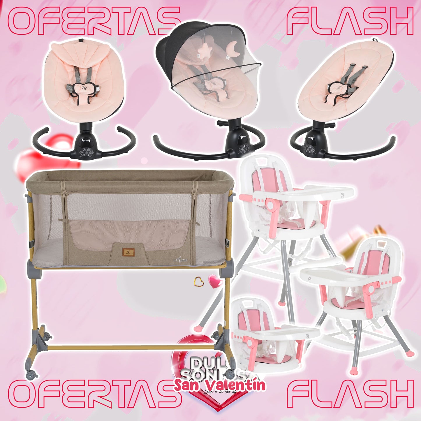 Lote San Valentin Nº5: Hamaca CLARISSA + Minicuna AURA + Trona AMARETTI