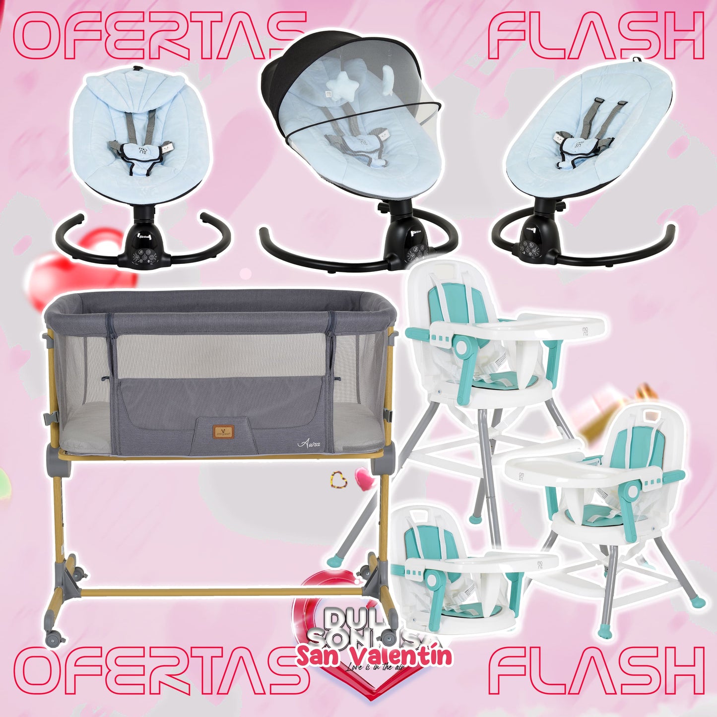 Lote San Valentin Nº5: Hamaca CLARISSA + Minicuna AURA + Trona AMARETTI