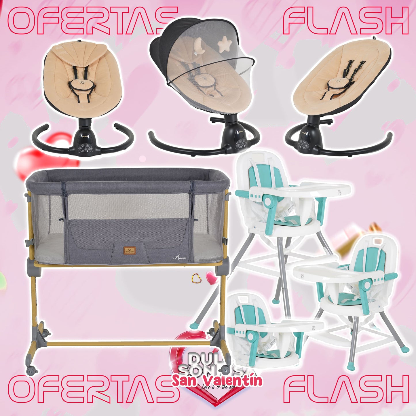 Lote San Valentin Nº5: Hamaca CLARISSA + Minicuna AURA + Trona AMARETTI