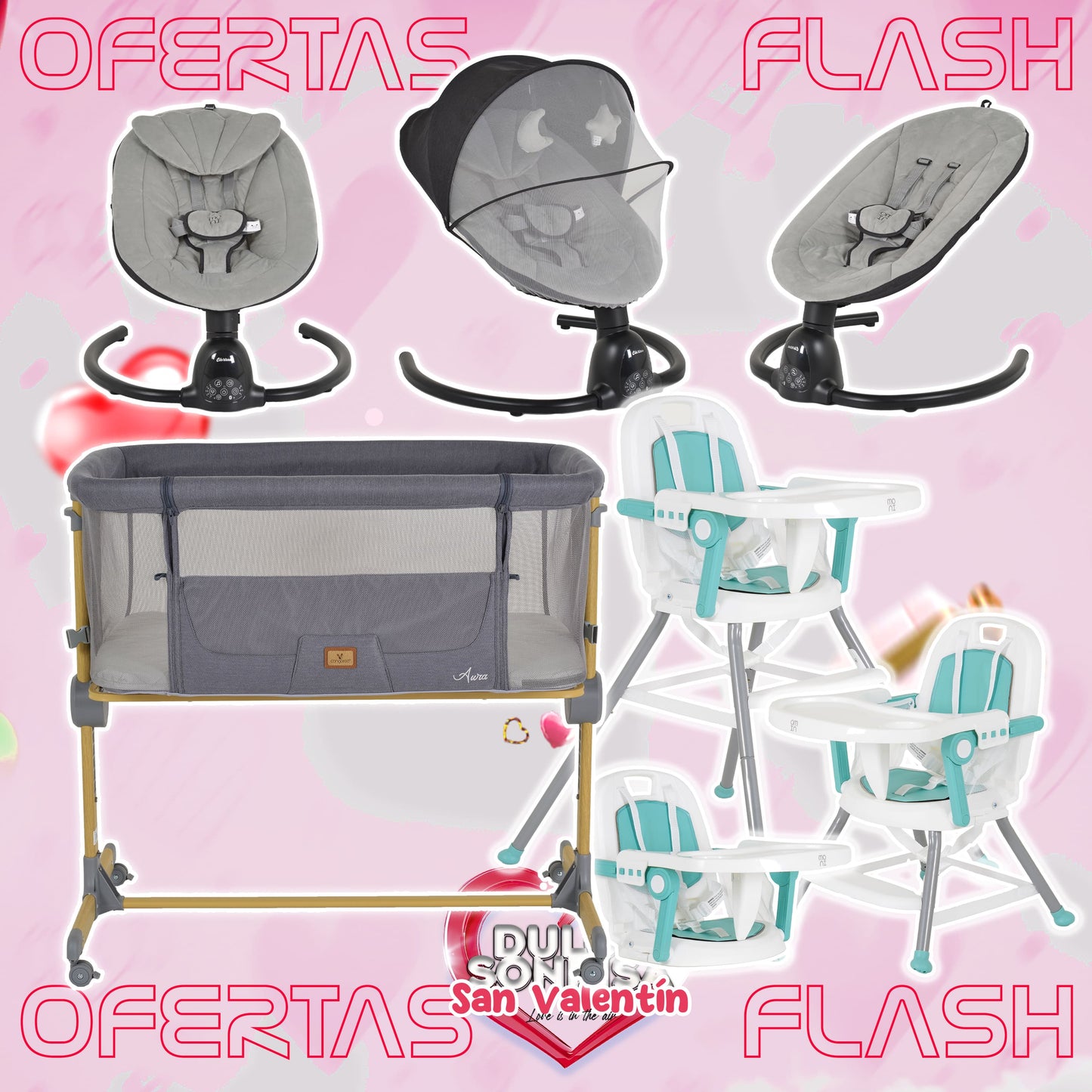 Lote San Valentin Nº5: Hamaca CLARISSA + Minicuna AURA + Trona AMARETTI