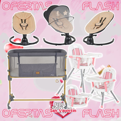 Lote San Valentin Nº5: Hamaca CLARISSA + Minicuna AURA + Trona AMARETTI