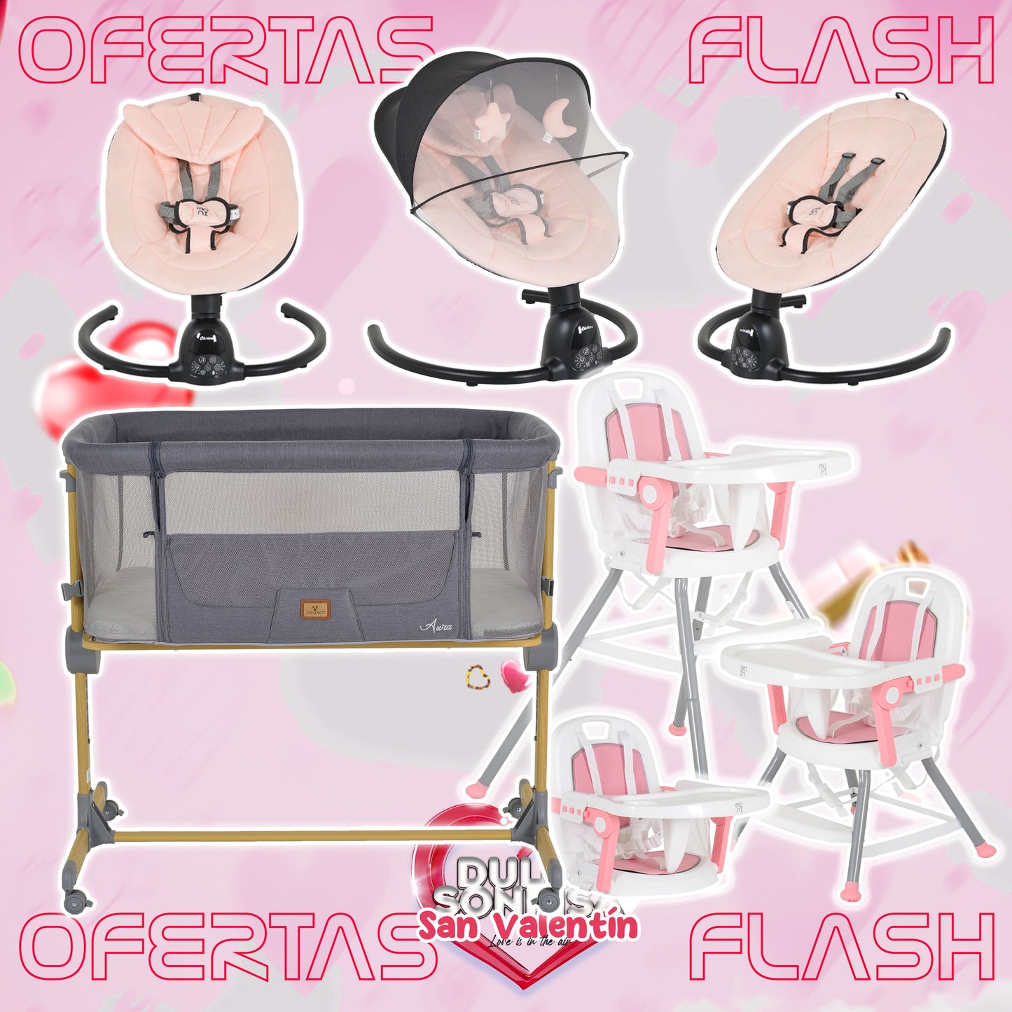 Lote San Valentin Nº5: Hamaca CLARISSA + Minicuna AURA + Trona AMARETTI