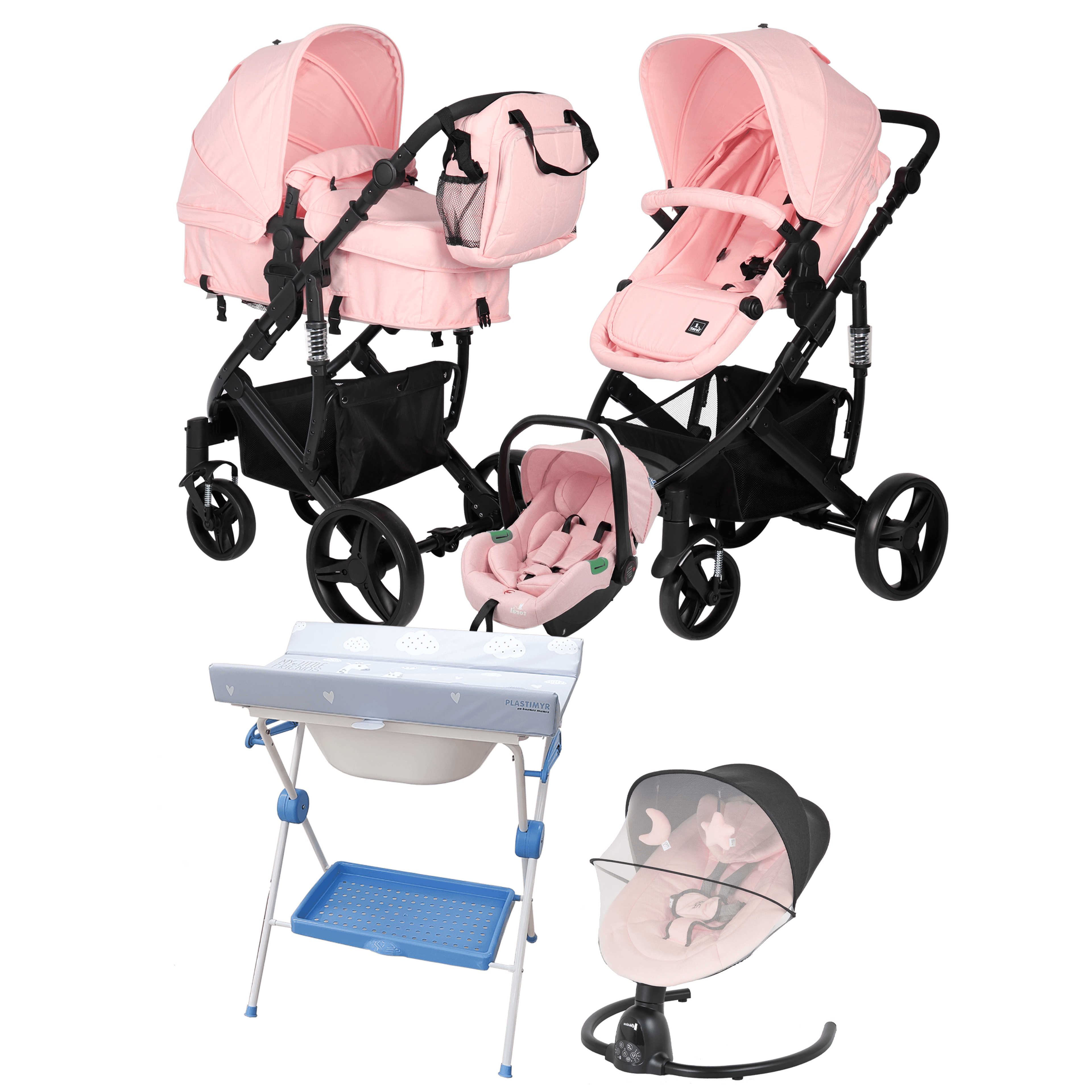 Pack ahorro:Carrito 3 en 1 CORINTO + Hamaca CLARISSA + Bañera/Cambiador con patas PLASTIMYR