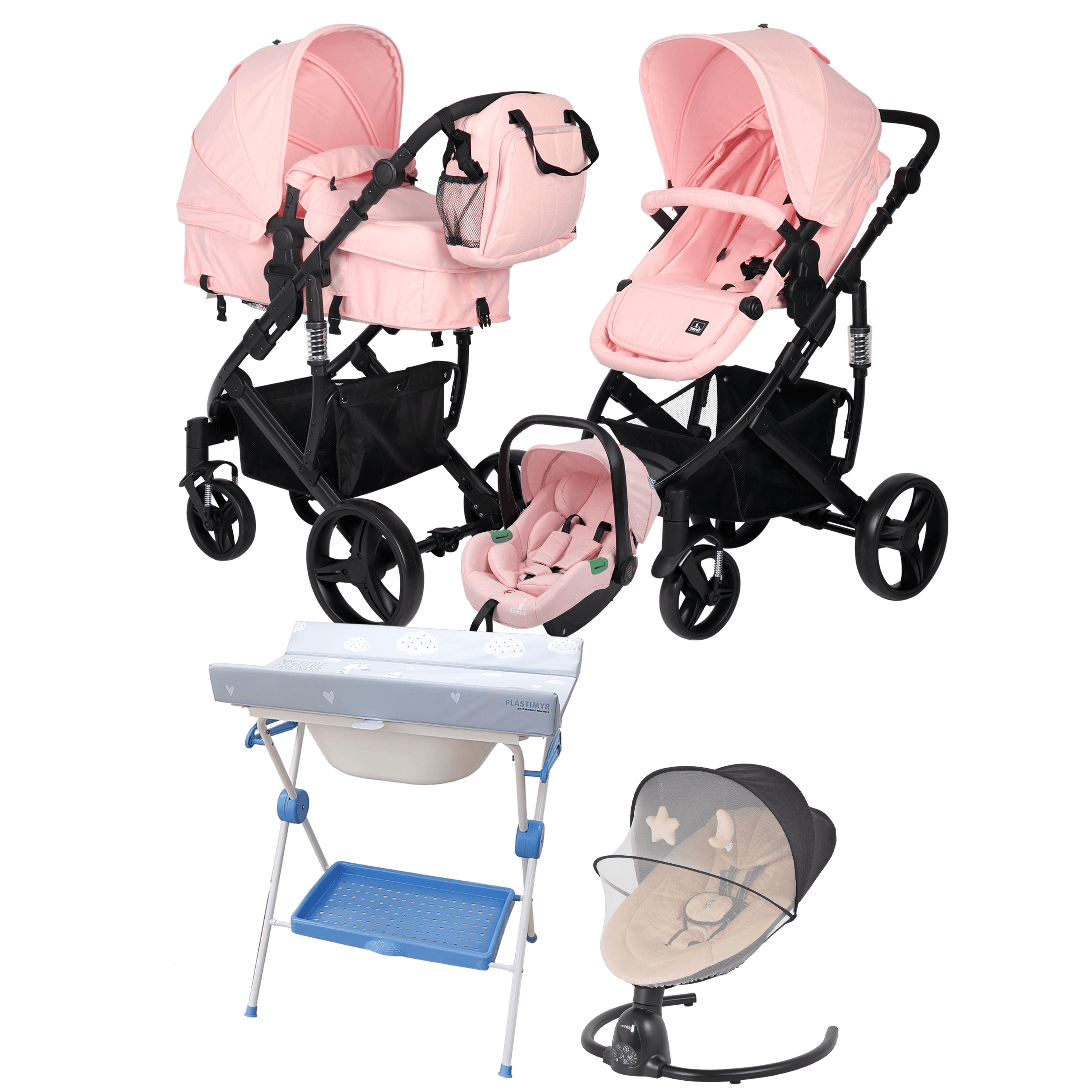 Pack ahorro:Carrito 3 en 1 CORINTO + Hamaca CLARISSA + Bañera/Cambiador con patas PLATIMYR