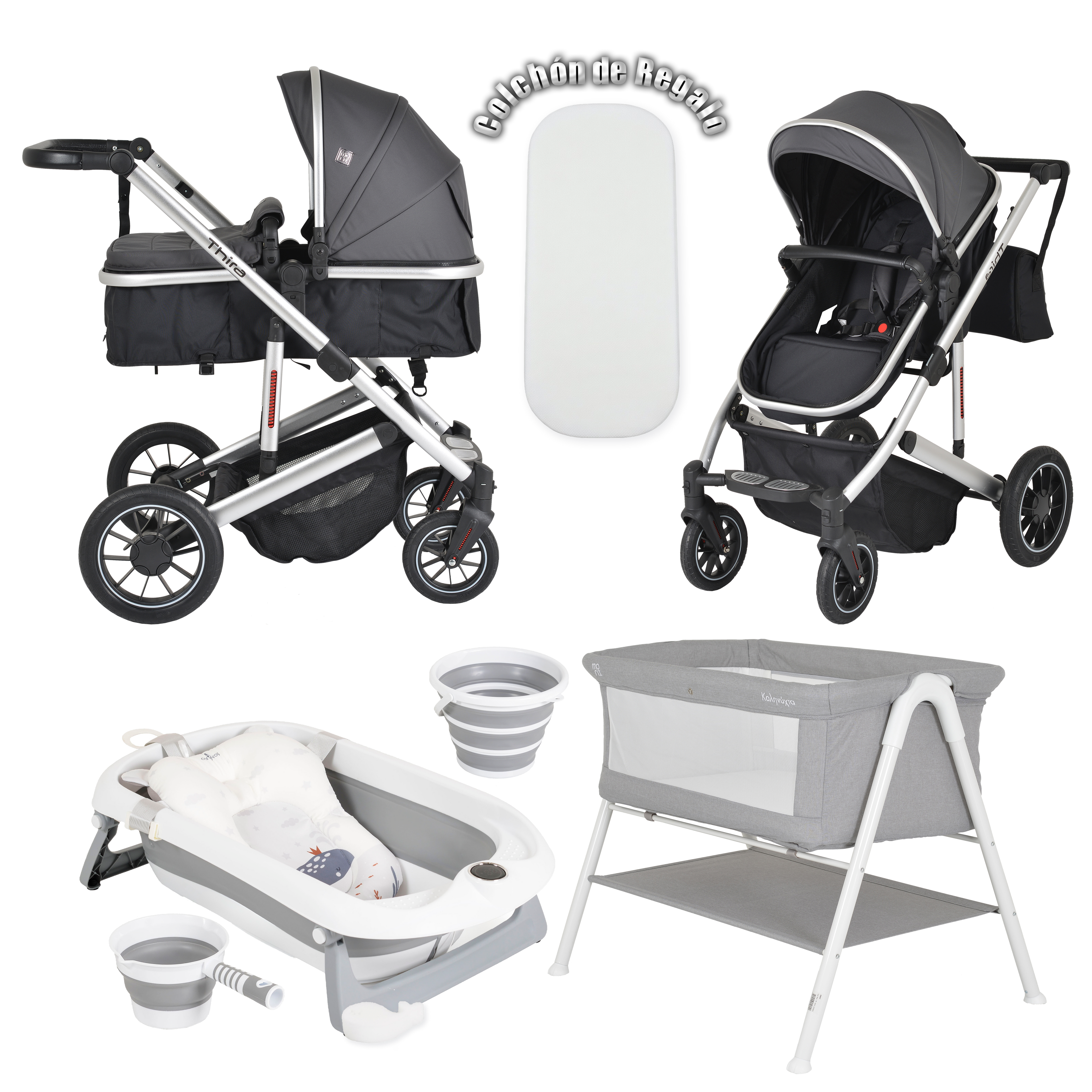 Pack ahorro: Carrito duo THIRA+ Bañera BALENA + Minicuna KALINIHTA - Dulce Sonrisa