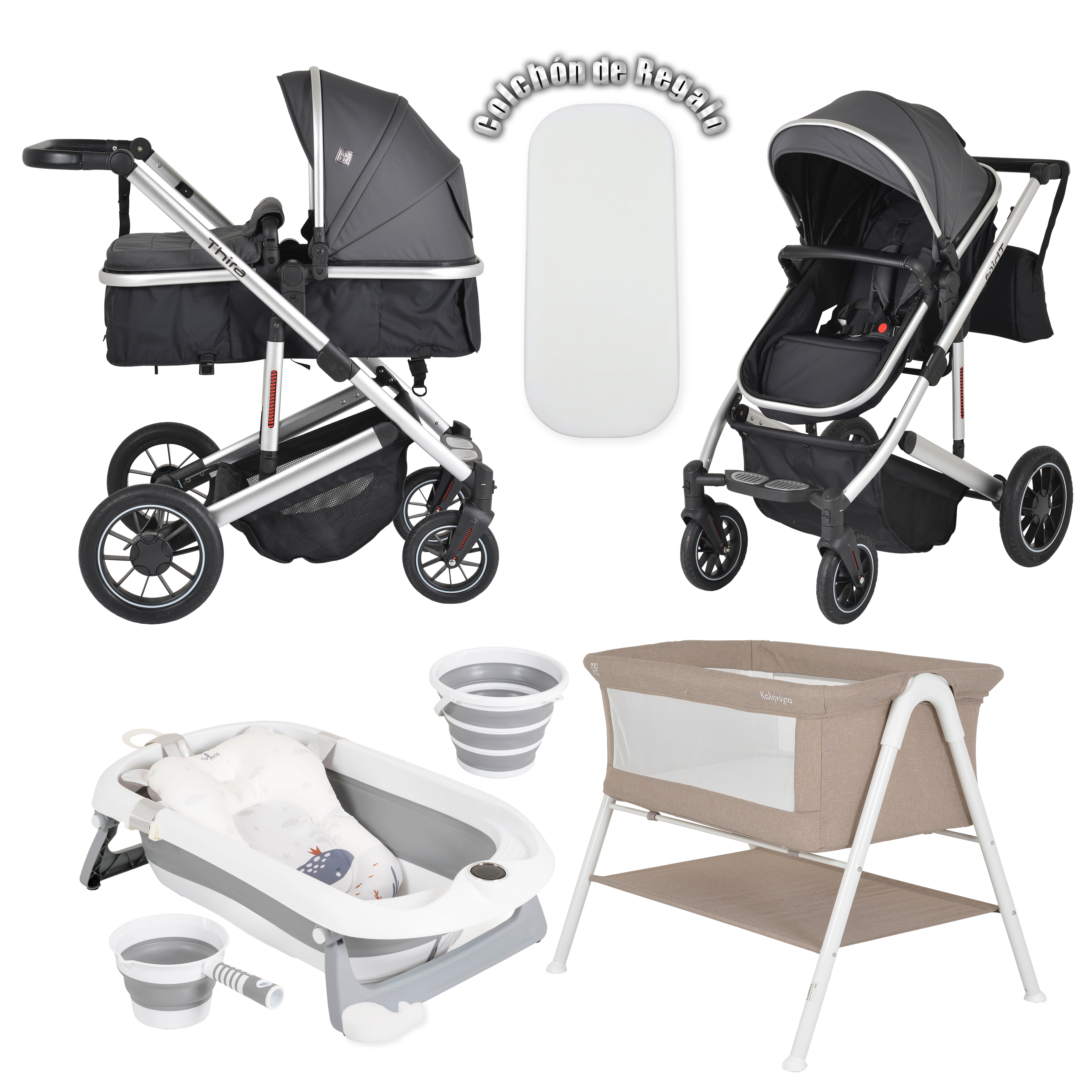 Pack ahorro: Carrito duo THIRA+ Bañera BALENA + Minicuna KALINIHTA - Dulce Sonrisa