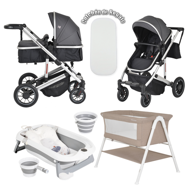 Pack ahorro: Carrito duo THIRA+ Bañera BALENA + Minicuna KALINIHTA - Dulce Sonrisa