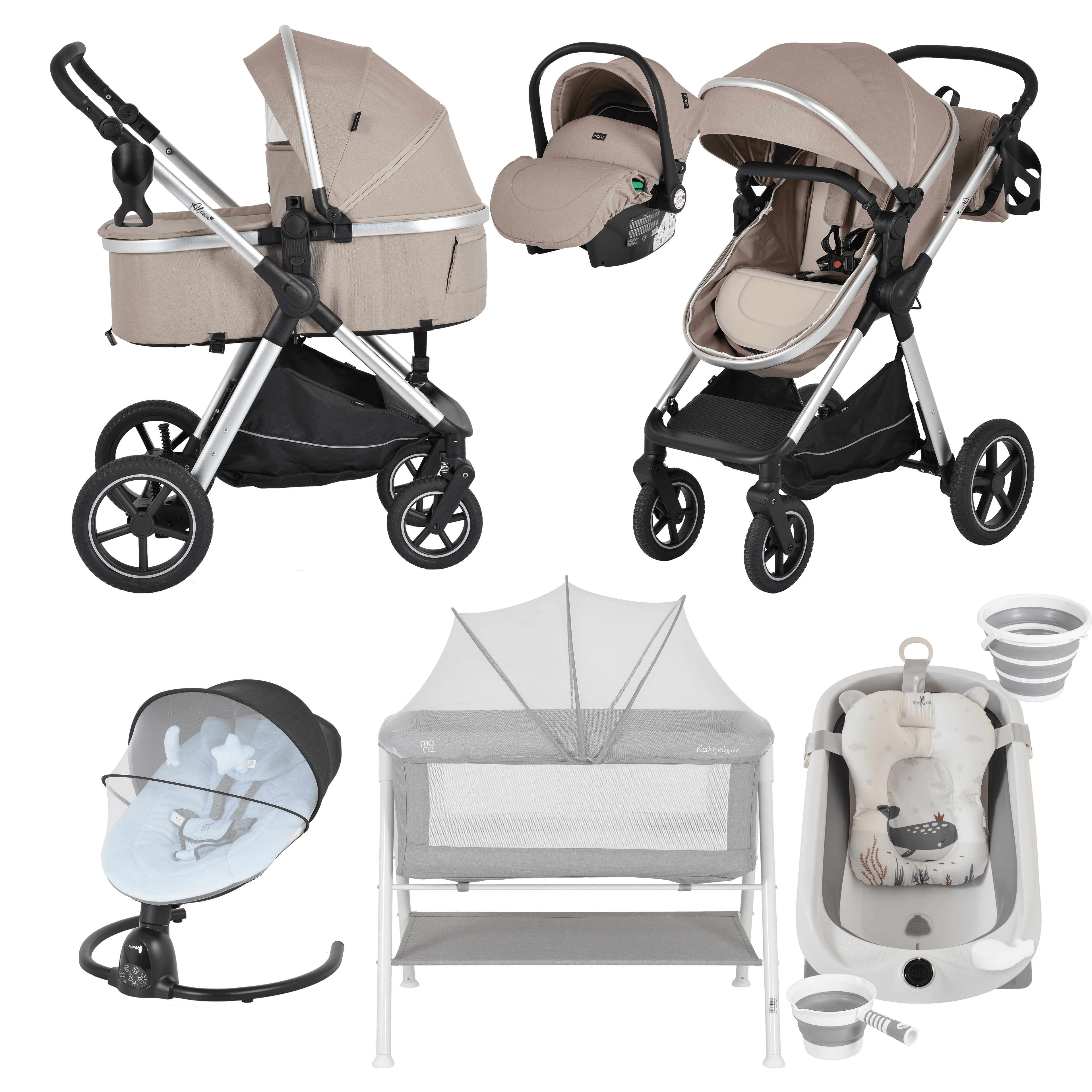 Pack ahorro: Carrito 3 en 1 Convertible ALINA+ Minicuna KALINIHTA + Bañera plegable con termómetro inteligente BALENA + Hamaca CLARISSA - Dulce Sonrisa