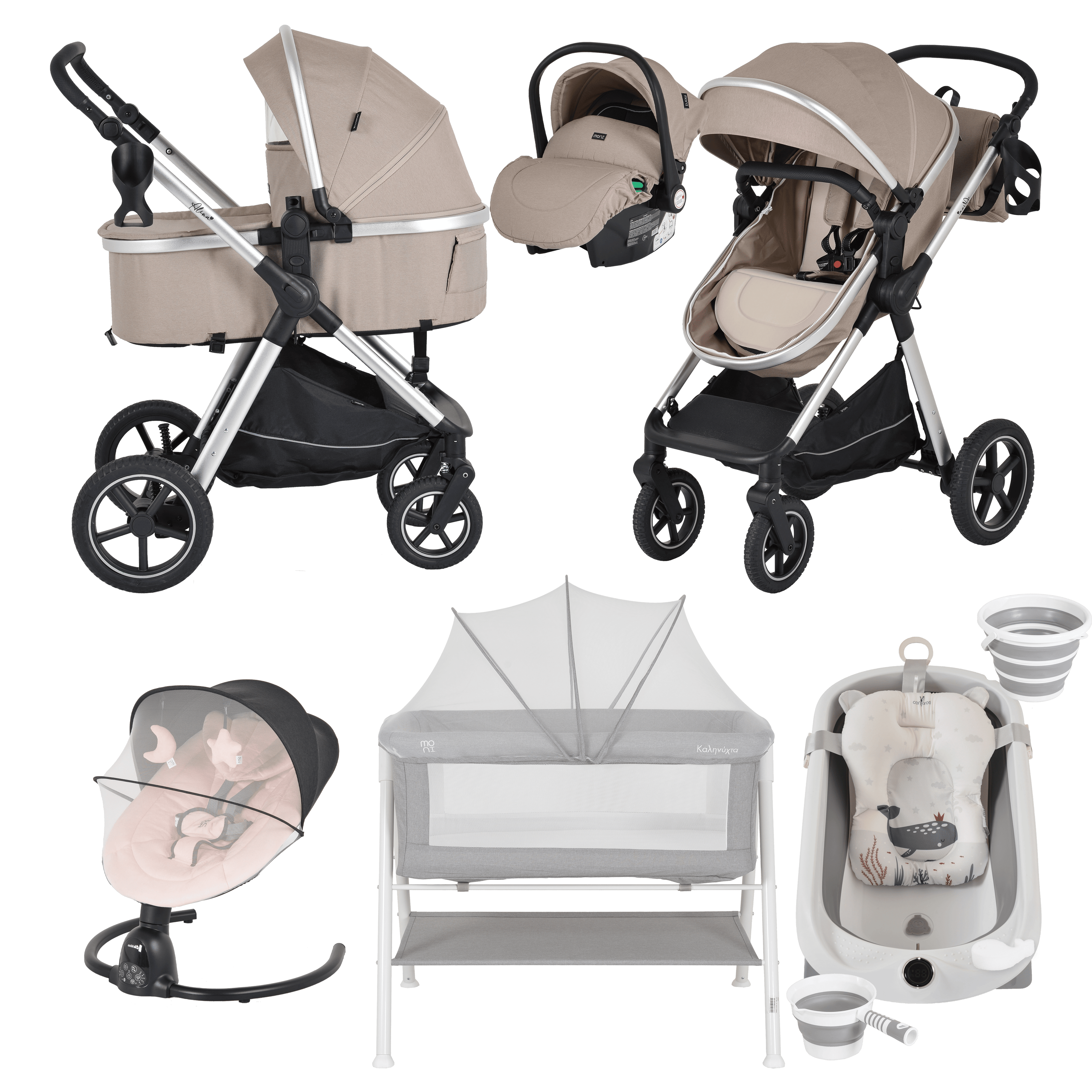 Pack ahorro: Carrito 3 en 1 Convertible ALINA+ Minicuna KALINIHTA + Bañera plegable con termómetro inteligente BALENA + Hamaca CLARISSA - Dulce Sonrisa