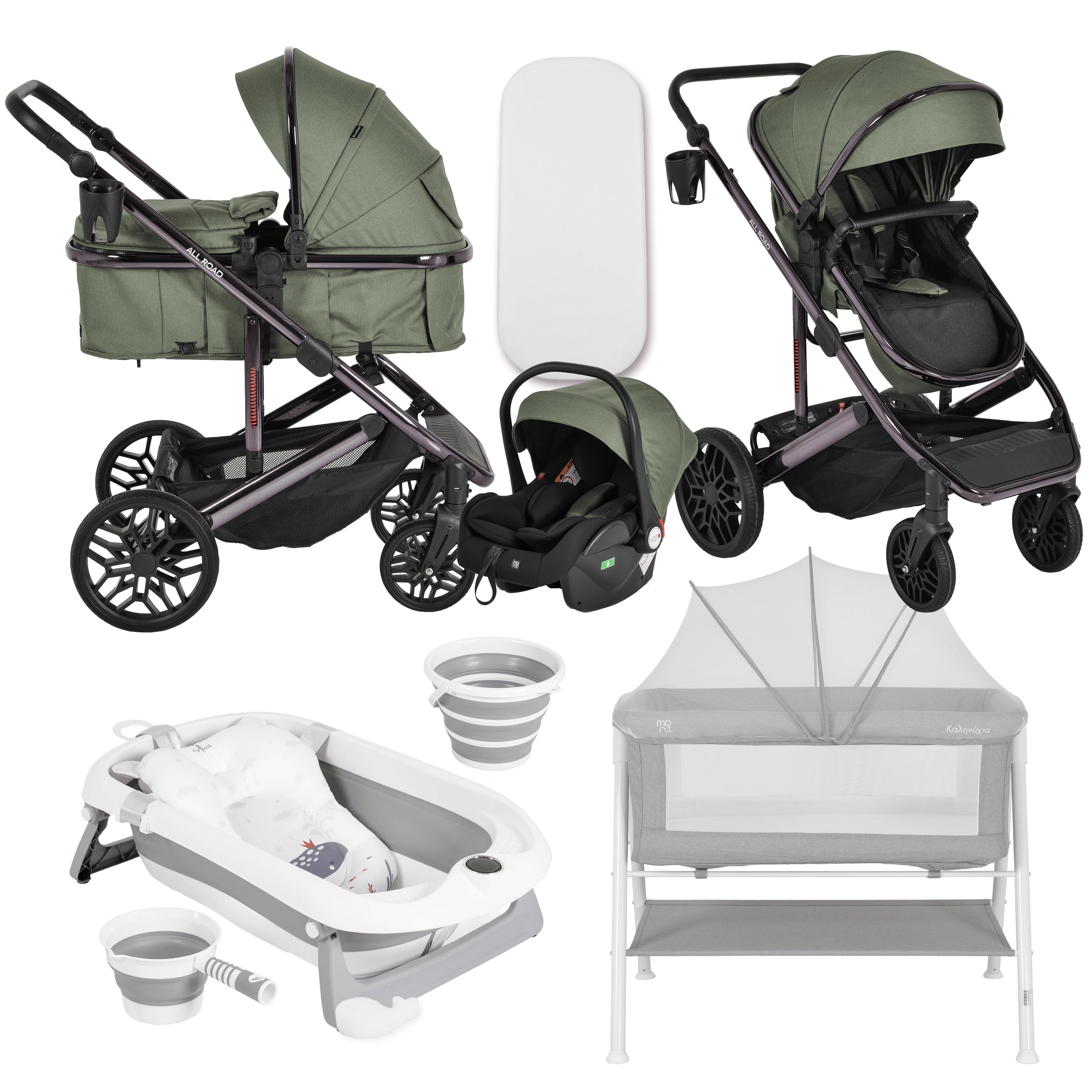 Pack ahorro: Carrito 3 en 1 Convertible ALL ROAD + Minicuna KALINIHTA + Bañera plegable con termómetro inteligente BALENA - Dulce Sonrisa