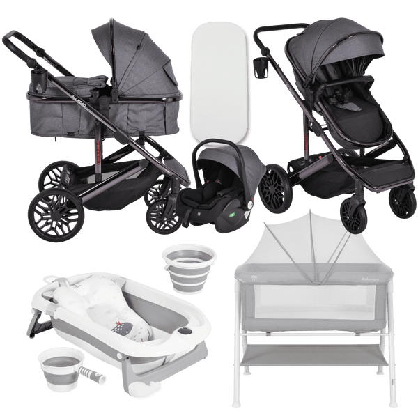 Pack ahorro: Carrito 3 en 1 Convertible ALL ROAD + Minicuna KALINIHTA + Bañera plegable con termómetro inteligente BALENA - Dulce Sonrisa