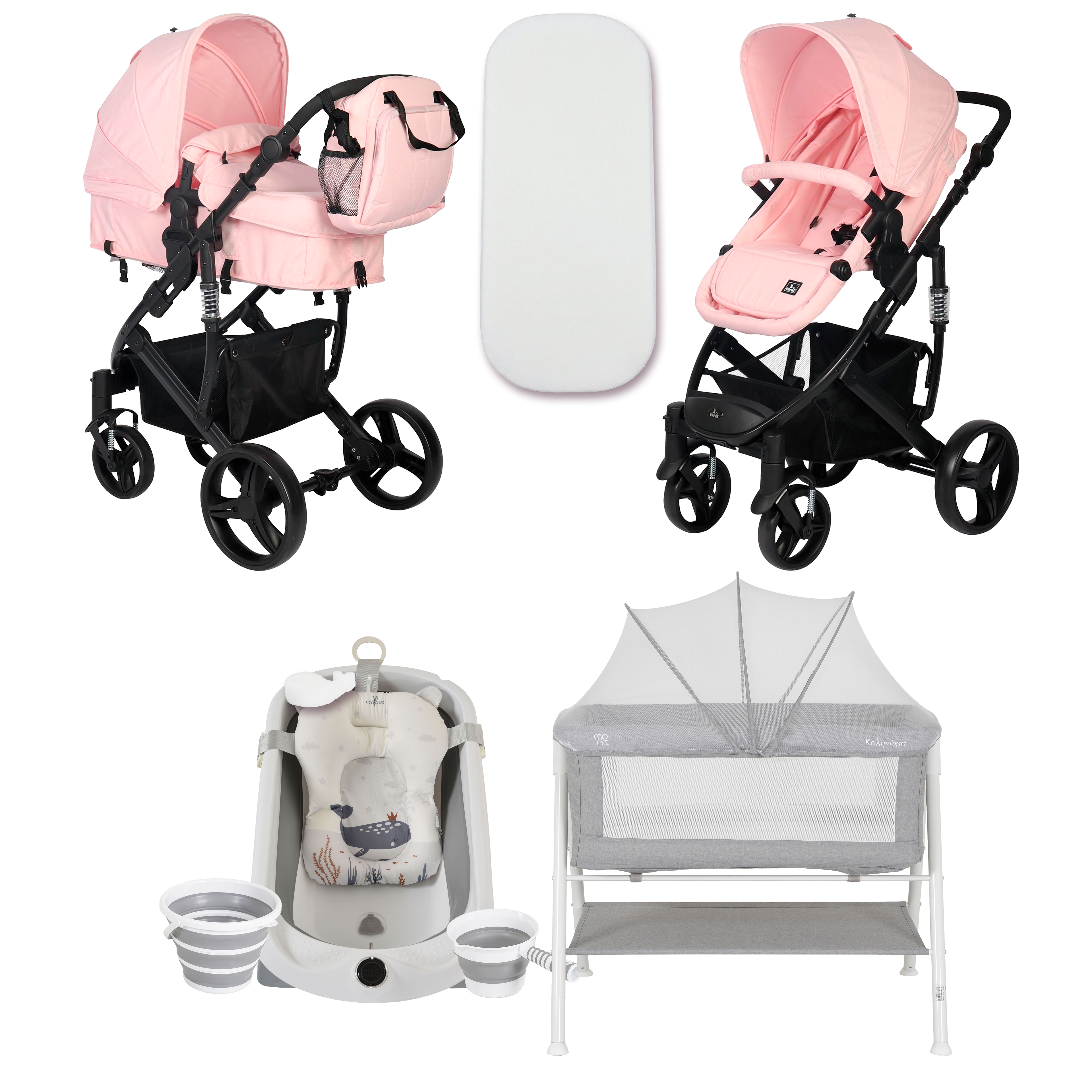 Pack ahorro: Carrito trio CORINTO+ Minicuna KALINIHTA + Bañera plegable con termómetro inteligente BALENA - Dulce Sonrisa