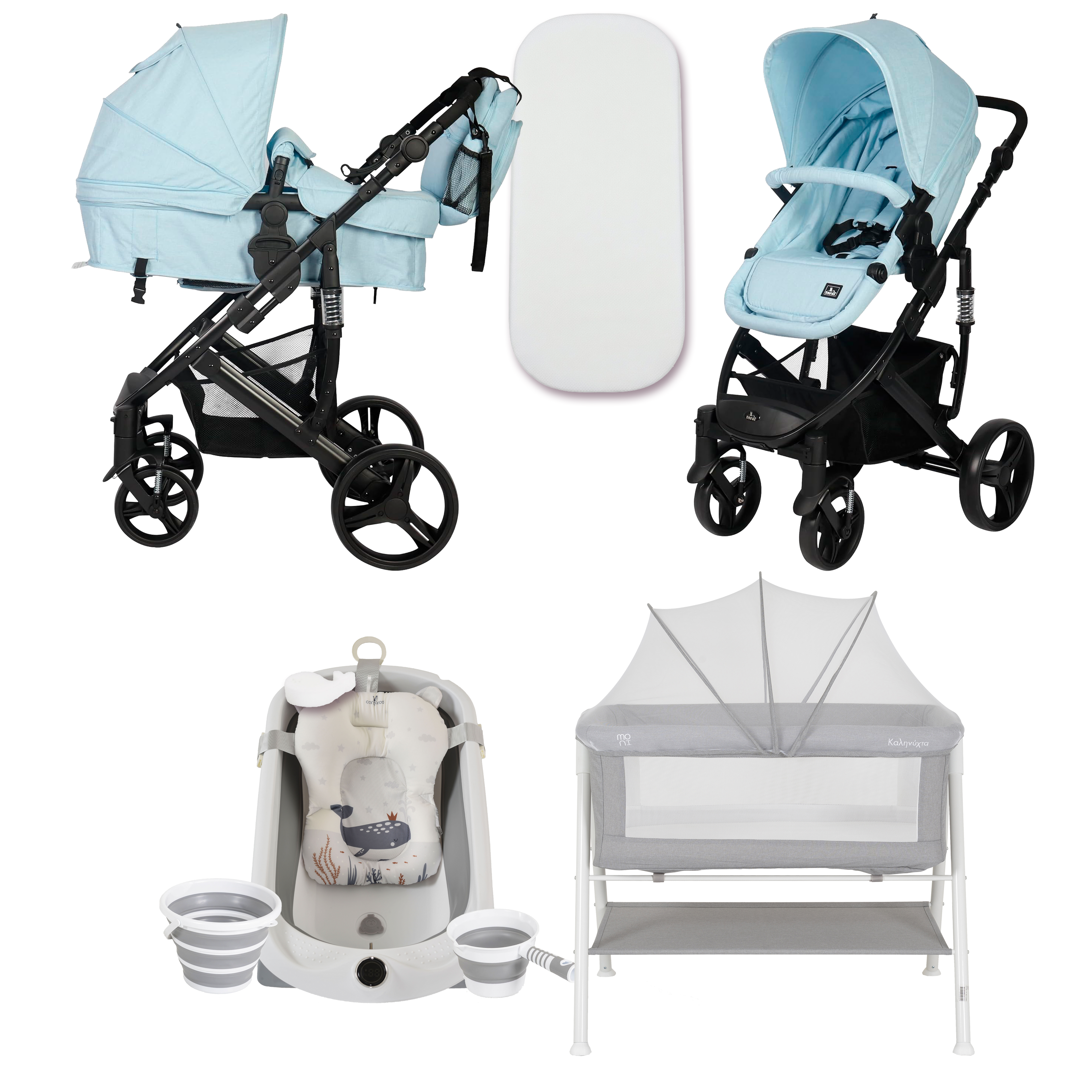 Pack ahorro: Carrito trio CORINTO+ Minicuna KALINIHTA + Bañera plegable con termómetro inteligente BALENA - Dulce Sonrisa