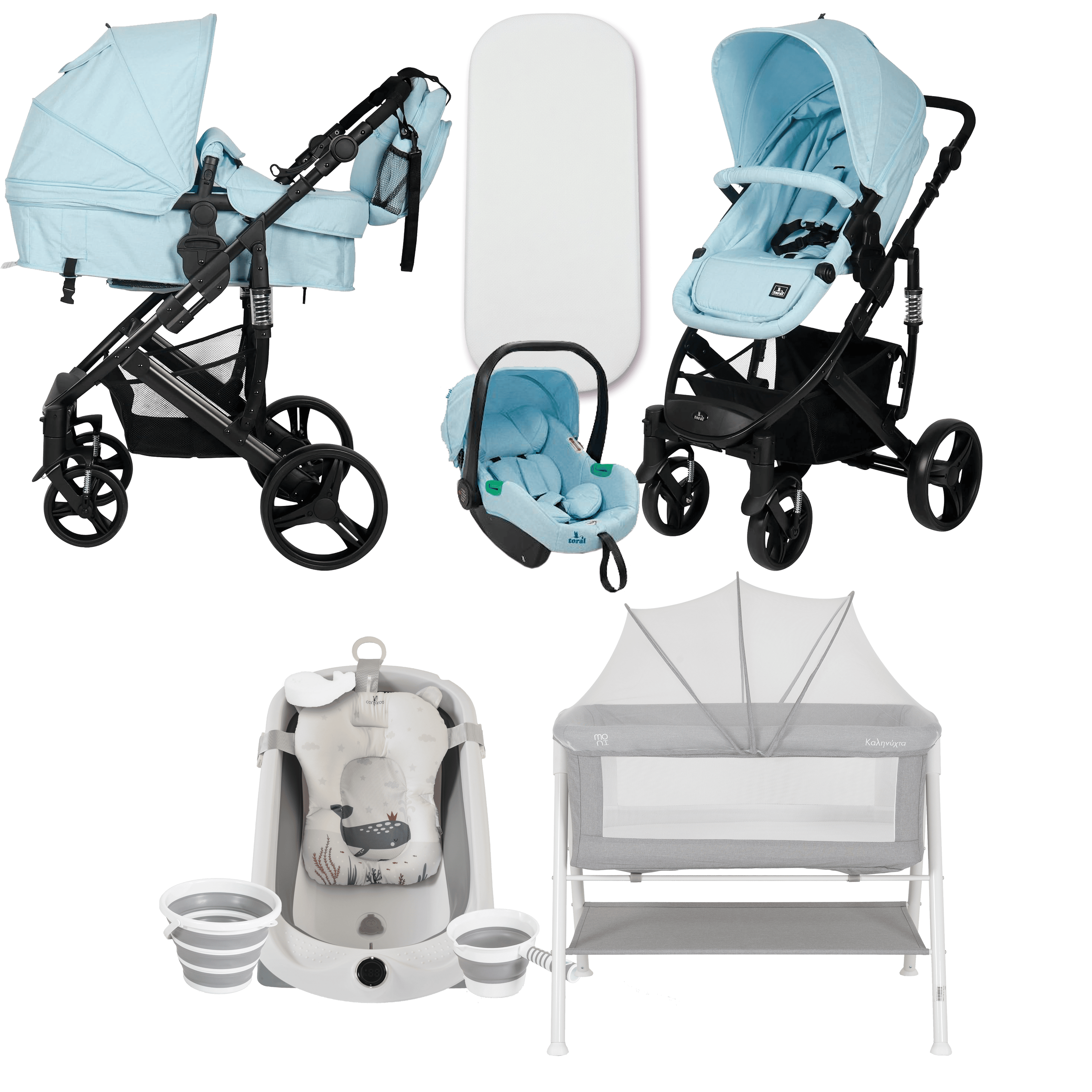 Pack ahorro: Carrito 3 en 1 CORINTO+ Minicuna KALINIHTA + Bañera plegable con termómetro inteligente BALENA