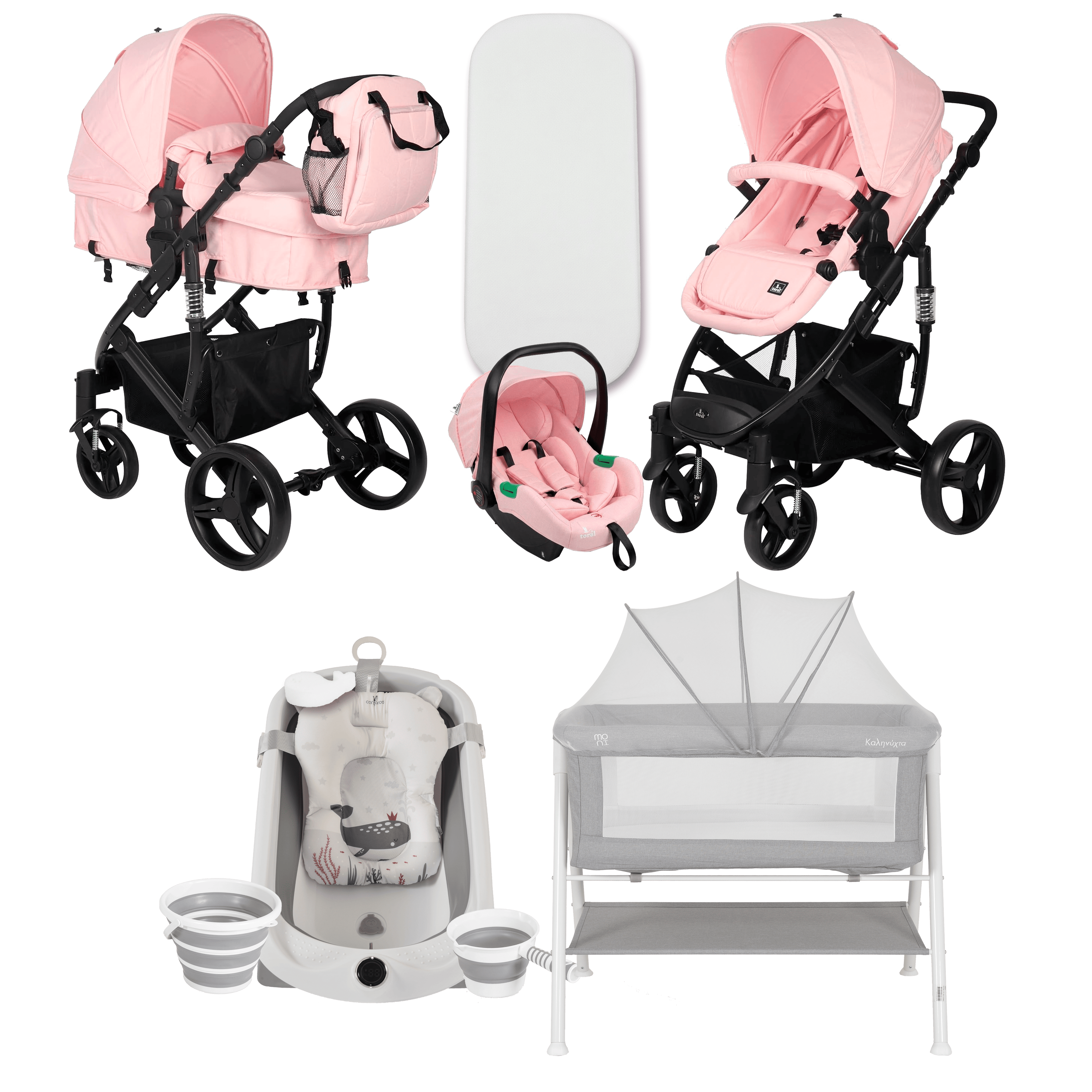 Pack ahorro: Carrito 3 en 1 CORINTO+ Minicuna KALINIHTA + Bañera plegable con termómetro inteligente BALENA