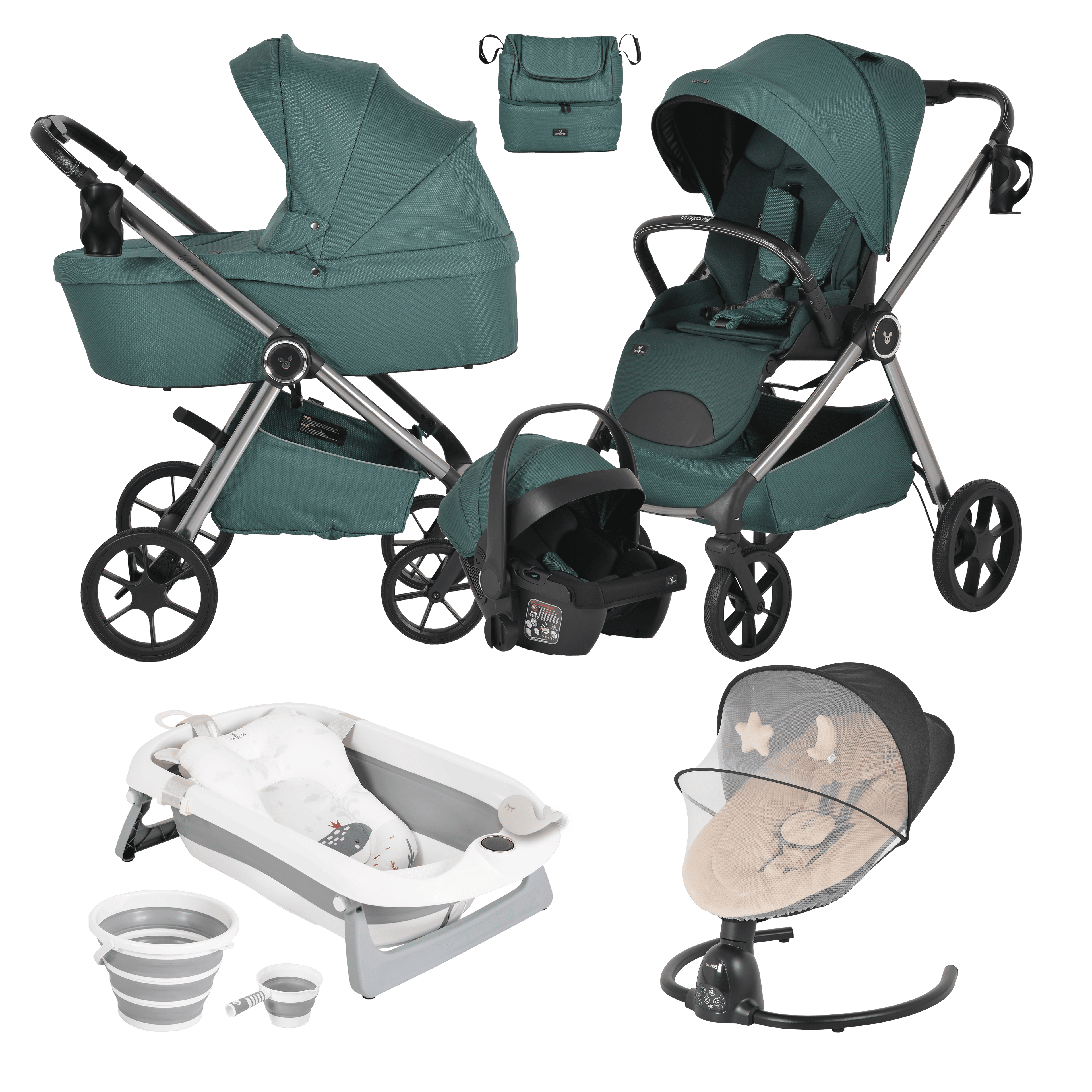 Pack Ahorro: Carrito 3 piezas UNIQUE +  Bañera Plegable BALENA + Hamaca CLARISSA electrica - Dulce Sonrisa