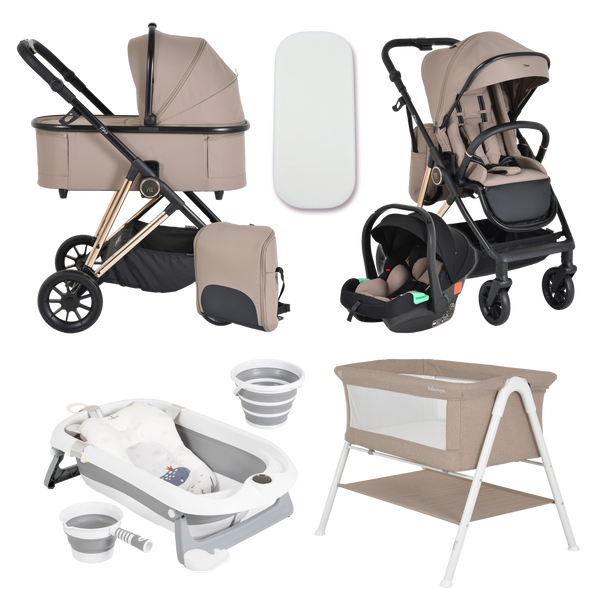 Pack Ahorro: Carrito 3 piezas MERCI +  Bañera Plegable BALENA + Minicuna KALINIHTA - Dulce Sonrisa
