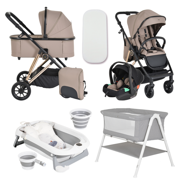 Pack Ahorro: Carrito 3 piezas MERCI +  Bañera Plegable BALENA + Minicuna KALINIHTA - Dulce Sonrisa