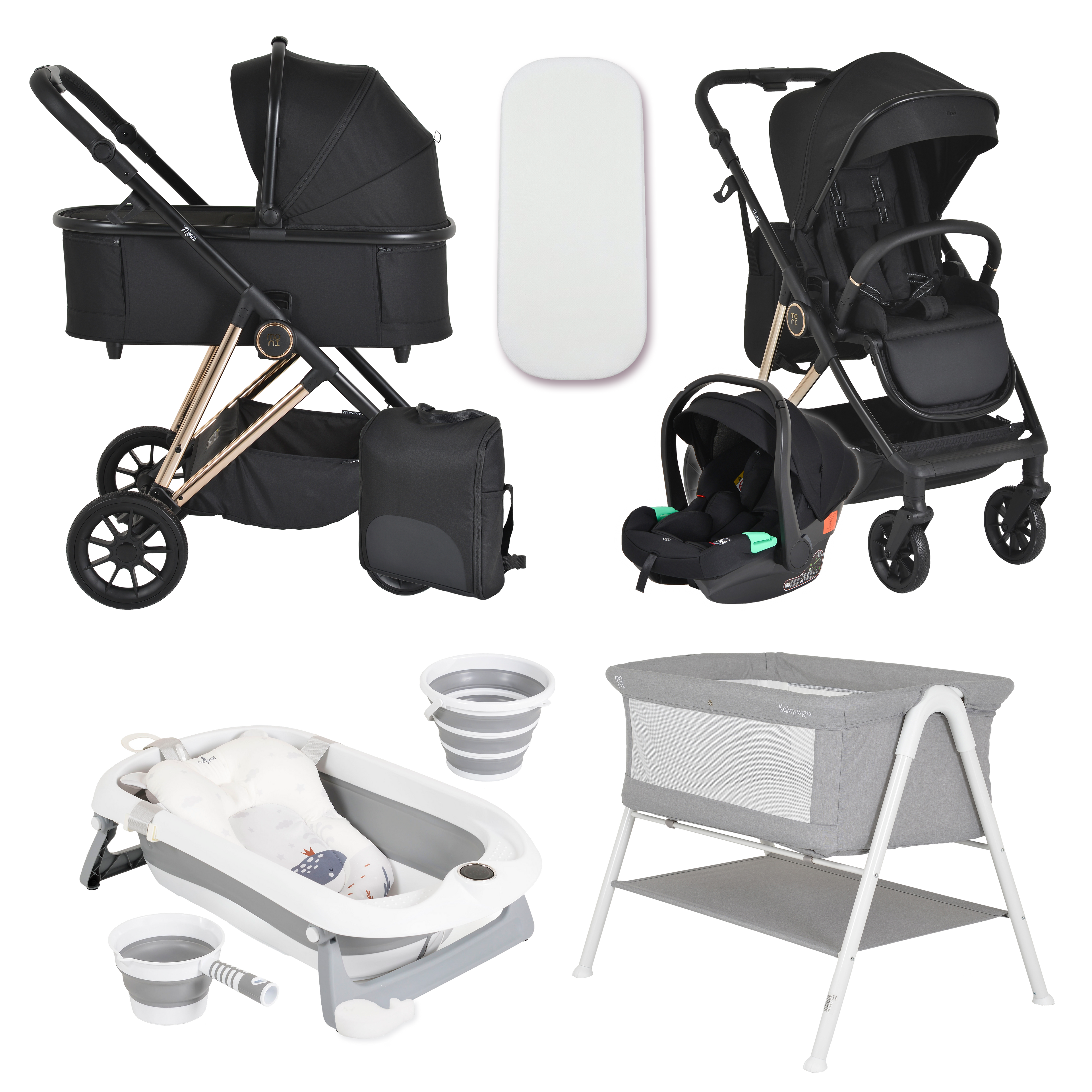 Pack Ahorro: Carrito 3 piezas MERCI +  Bañera Plegable BALENA + Minicuna KALINIHTA - Dulce Sonrisa