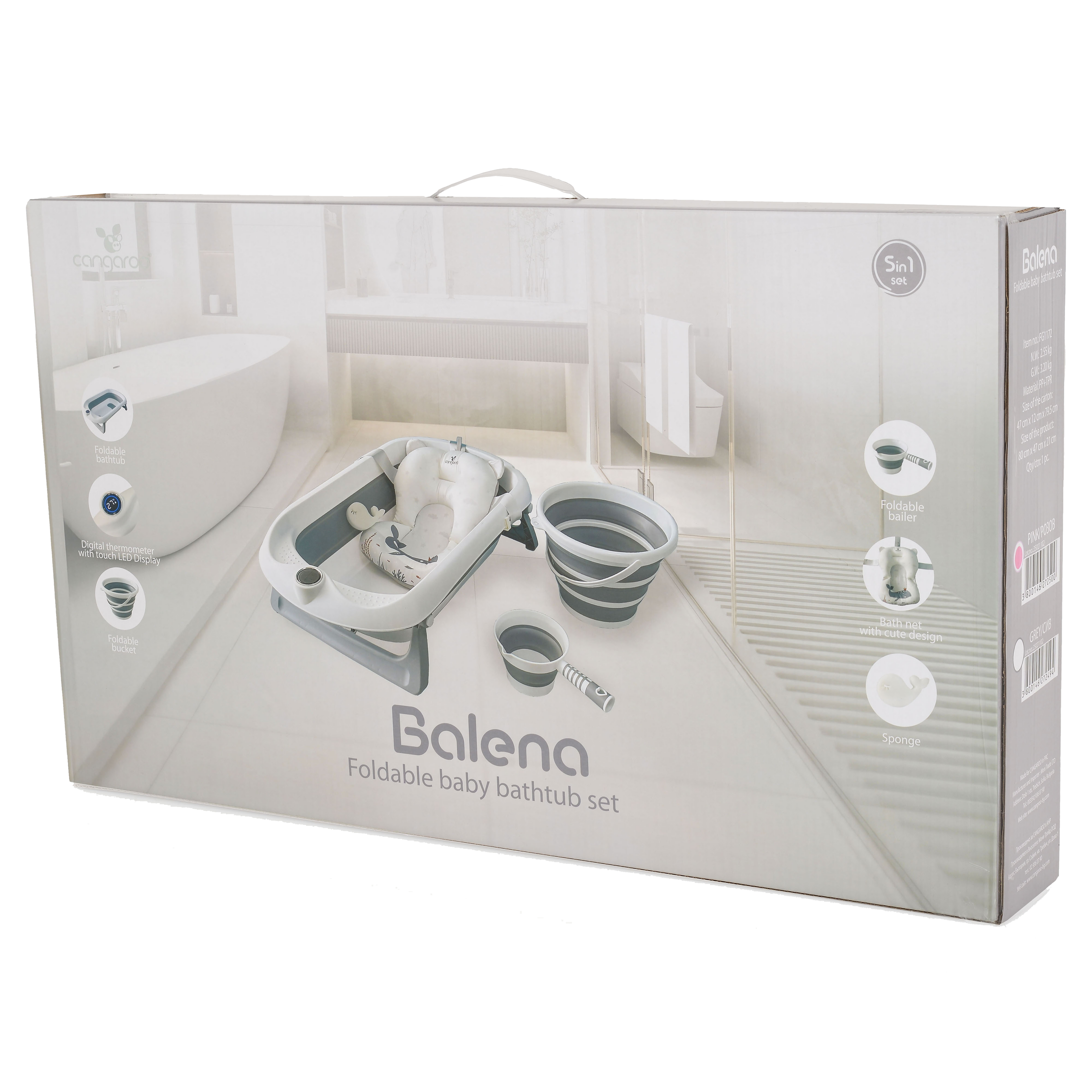BAÑERA PLEGABLE BALENA Gris con Termómetro Inteligente, Reductor, Cubo y Jarra