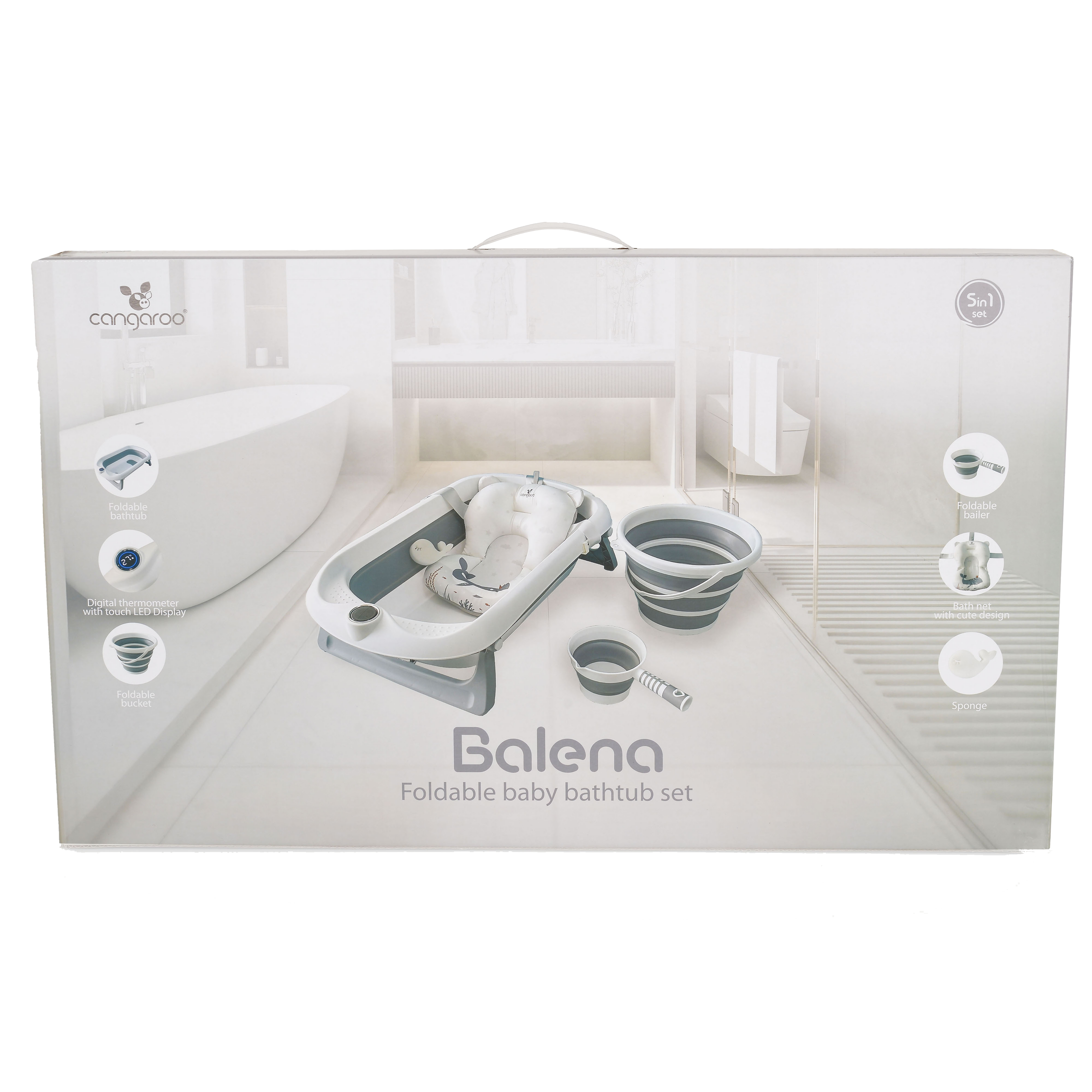 BAÑERA PLEGABLE BALENA Gris con Termómetro Inteligente, Reductor, Cubo y Jarra